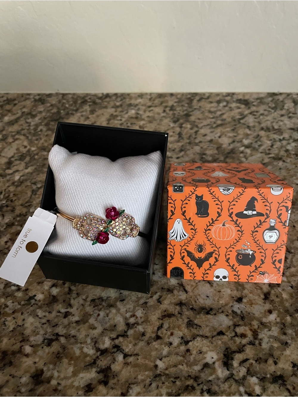 Halloween Skull  Gold-Tone Floral Crystal Bracelet with Pink Roses